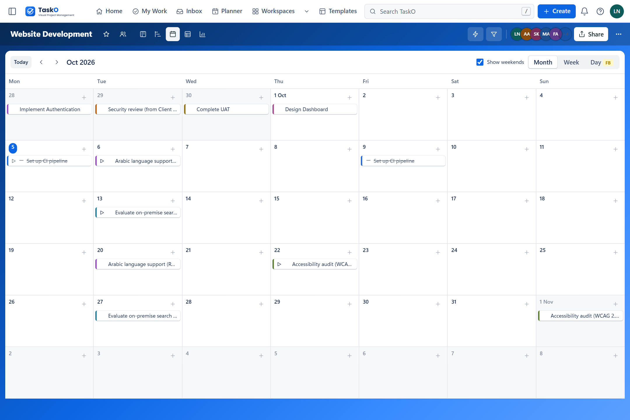The calendar view with cards placed on their due dates.