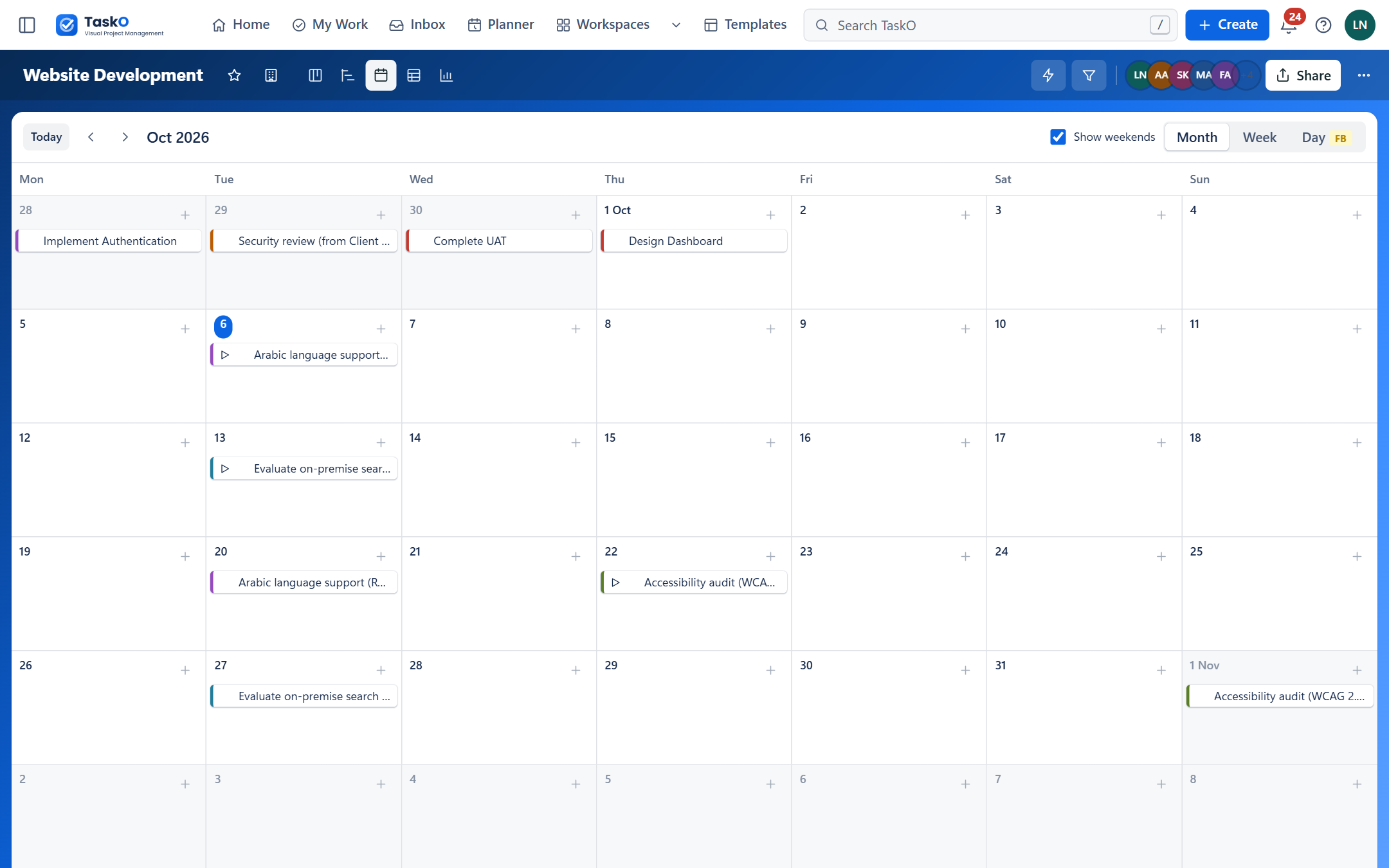 The calendar view with cards placed on their due dates.